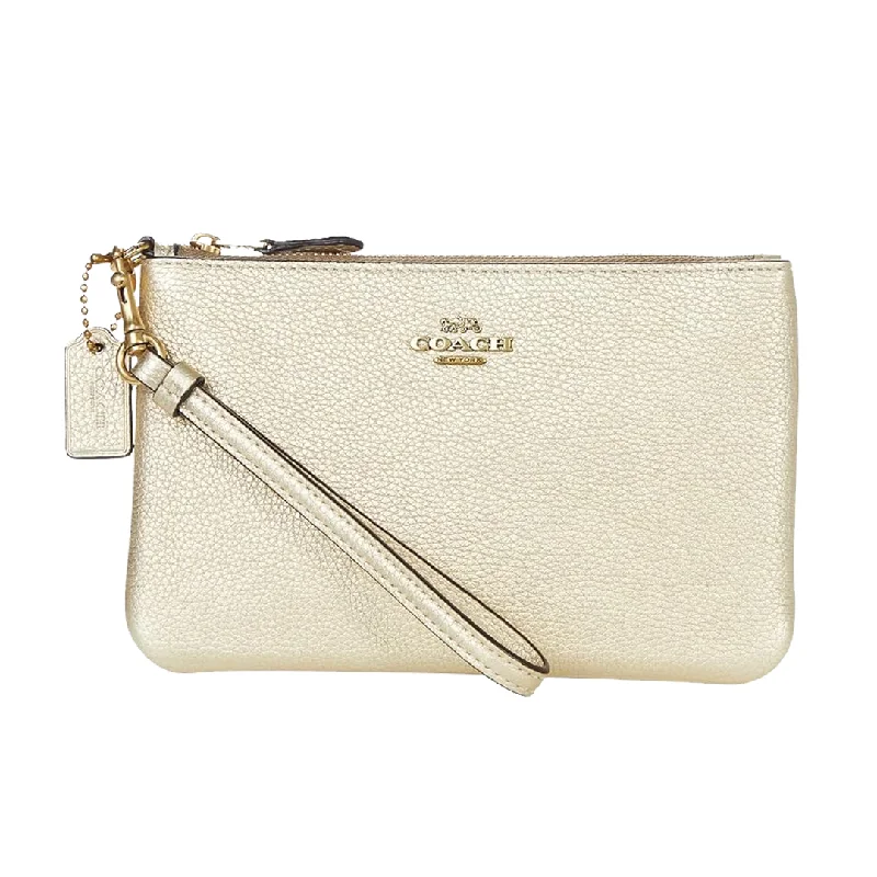 Coach Metallic Small Wristlet Soft Gold Wrist Strap Leather Bag Zip Handbag New