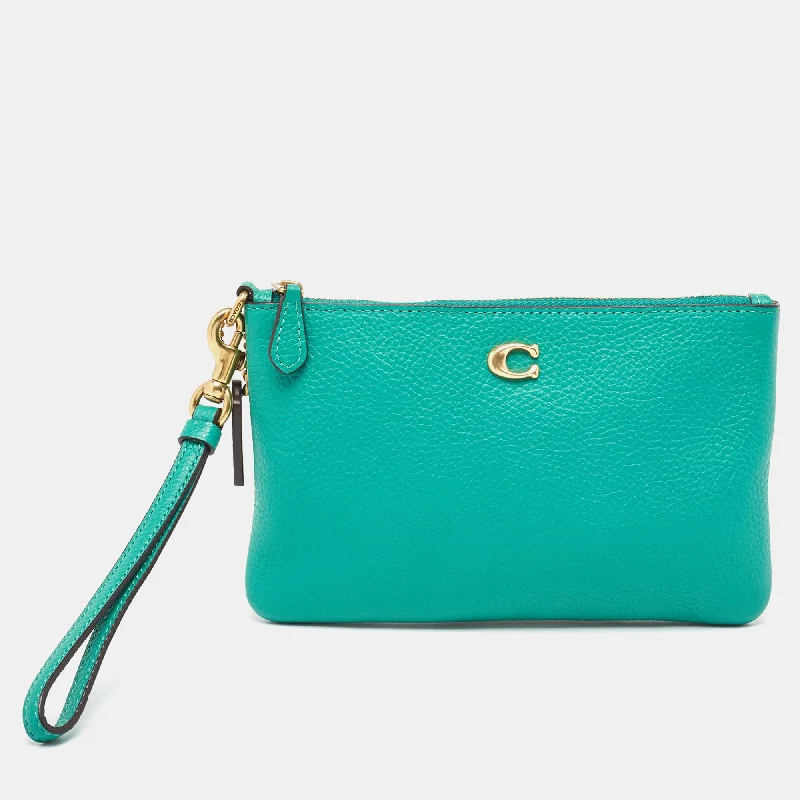 Green Leather Wristlet Zip Pouch