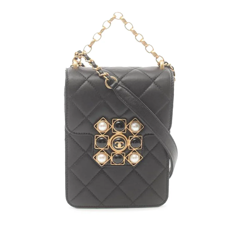 Black Chanel CC Quilted Lambskin Resin and Pearl North South Flap Satchel