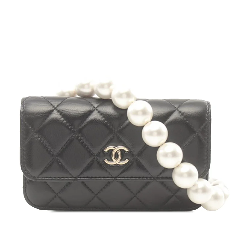 Black Chanel Quilted Calfskin Maxi Pearls Clutch With Chain Crossbody Bag