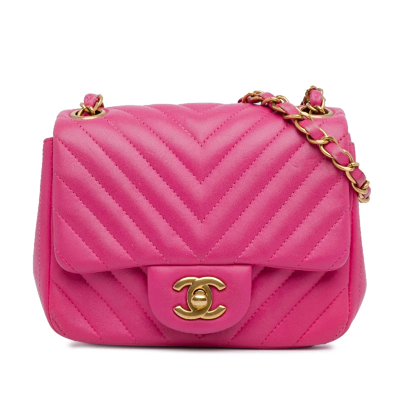 Pink Chanel Mini Square Classic Chevron Lambskin Flap Crossbody Bag