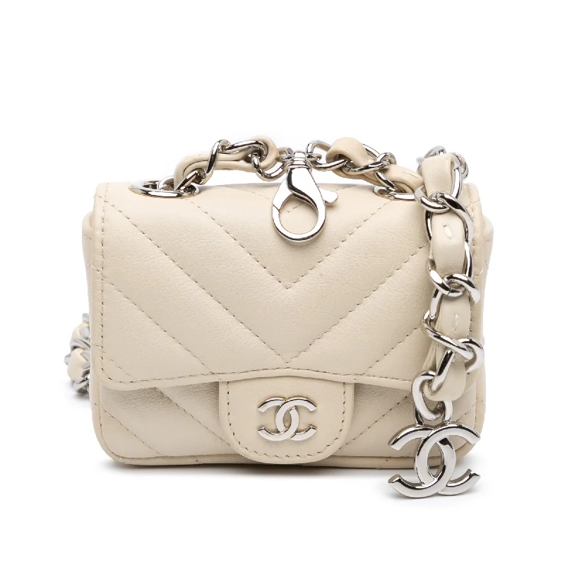 White Chanel Mini Chevron Lambskin Card Holder Chain Belt Bag