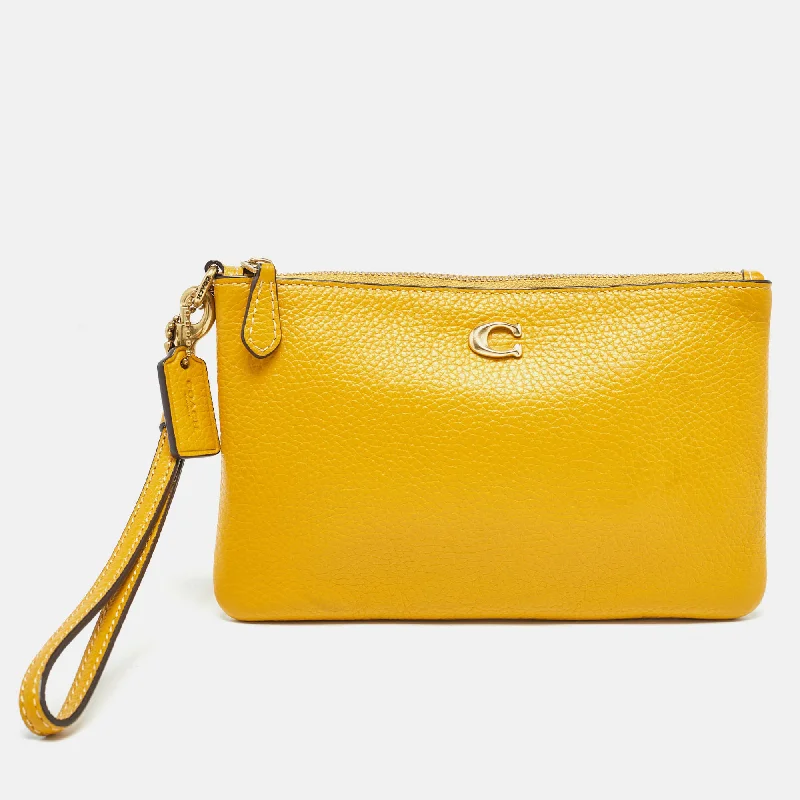 Yellow Leather Wristlet Zip Pouch