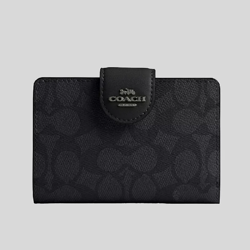 COACH Medium Corner Zip Wallet In Signature Canvas Charcoal/Black CW786