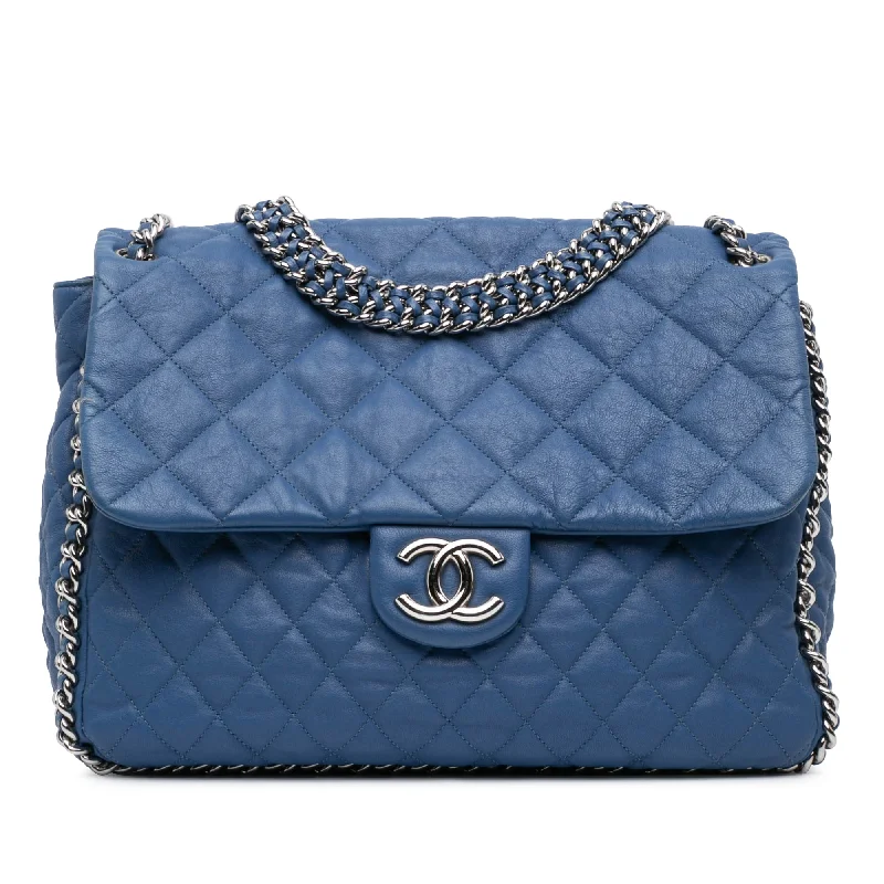 Blue Chanel Maxi Washed Lambskin Chain Around Flap Shoulder Bag