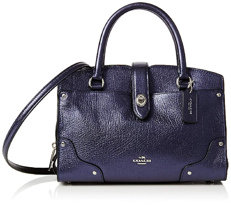 Coach Mercer Satchel 24 Grain Leather Metallic Navy Blue Bag New