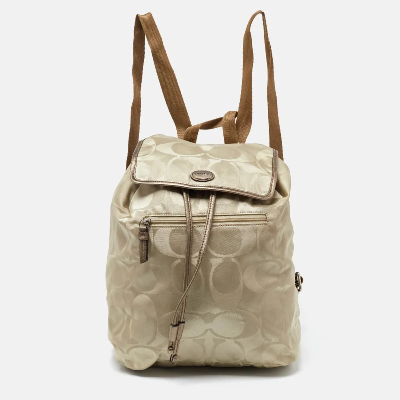 Beige/Metallic Signature Nylon and Leather Backpack