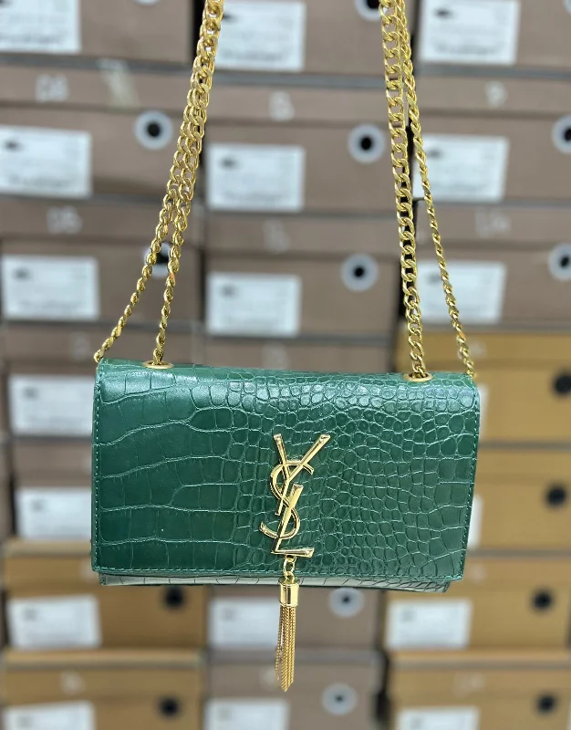 Saint Laurent Croc Embossed Tassel Crossbody Bag For Girls (Green)