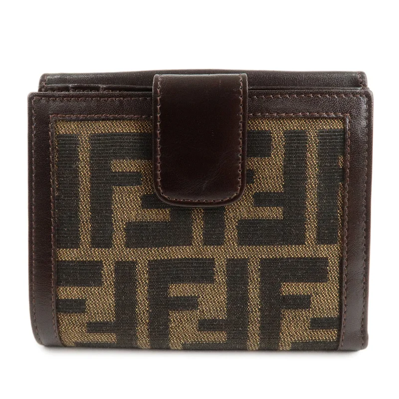 FENDI Zucca Canvas Leather W Hook Bifold Wallet 12671