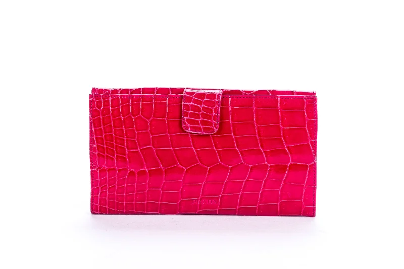 (Exotic) Prada Fuchsia Croc Leather Wallet (1M1133) with Card & Box