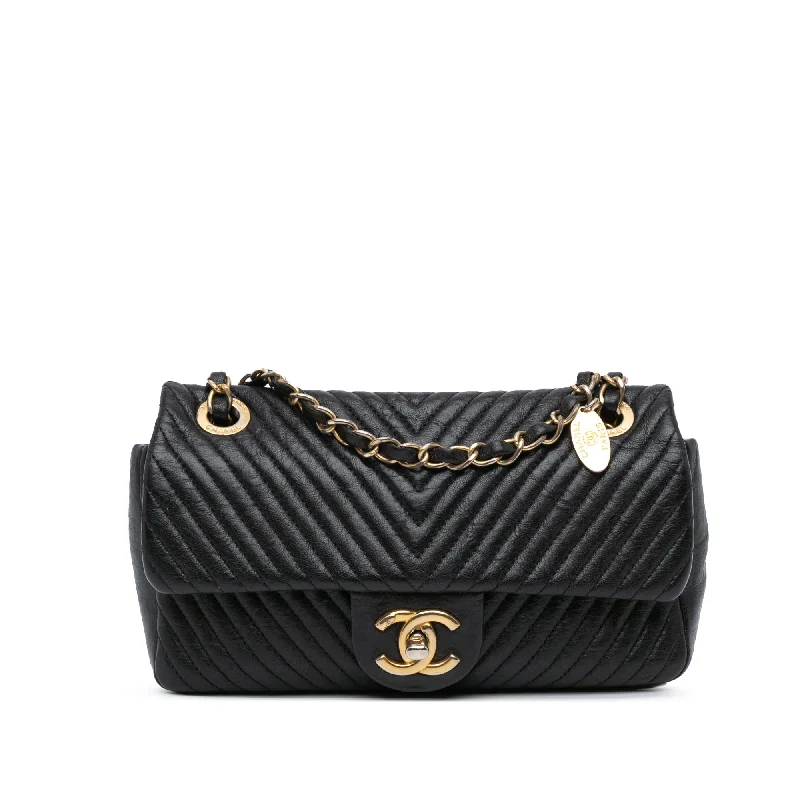 Black Chanel Small Chevron Wrinkled Lambskin Medallion Charm Surpique Flap Shoulder Bag