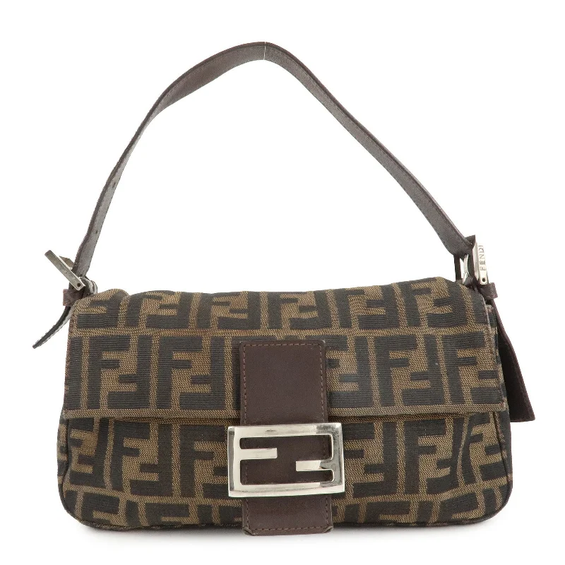 FENDI Mamma Baguette Zucca Canvas Leather Shoulder Bag Brown