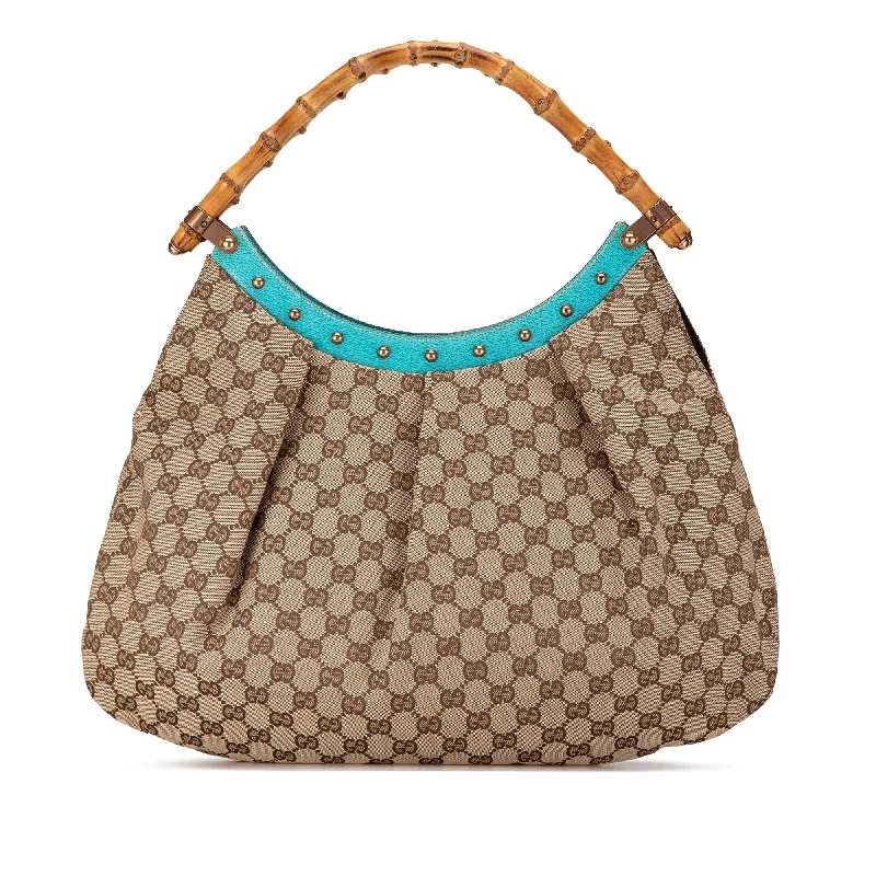 Brown Gucci GG Canvas Bamboo Studded Hobo