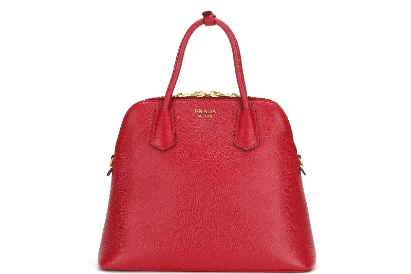 PRADA CONVERTIBLE DOME SATCHEL LARGE RED SAFFIANO LEATHER GOLD HARDWARE, WITH CARD, STRAP & DUST COVER