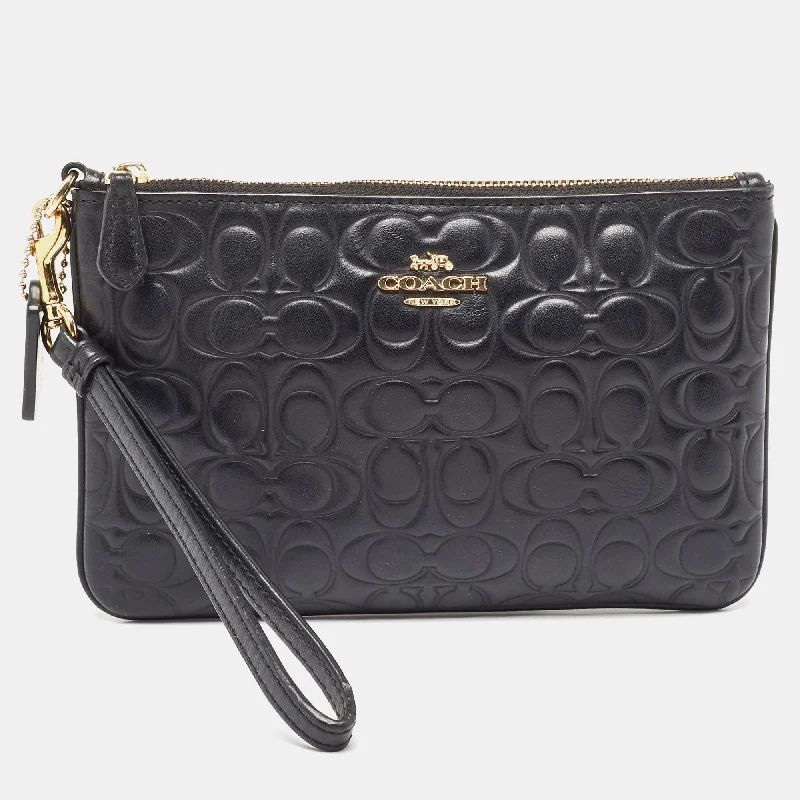 Black Signature Embossed Leather Wristlet Pouch