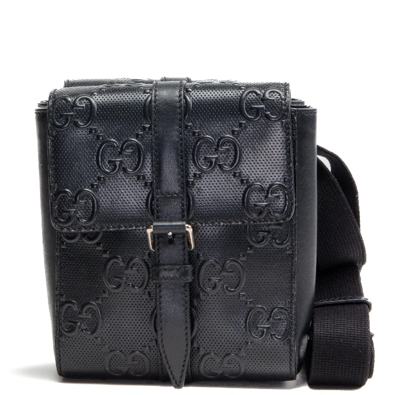 GUCCI GG Embossed Double Belt Bag - Black