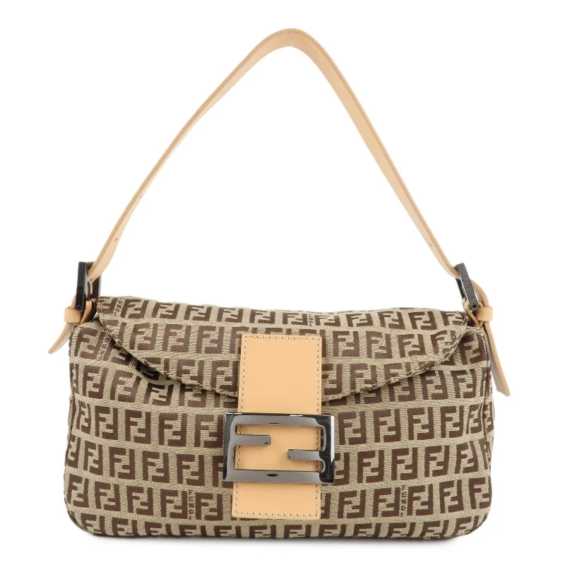 FENDI Zucchino Canvas Leather Shoulder Bag Beige 8BR003