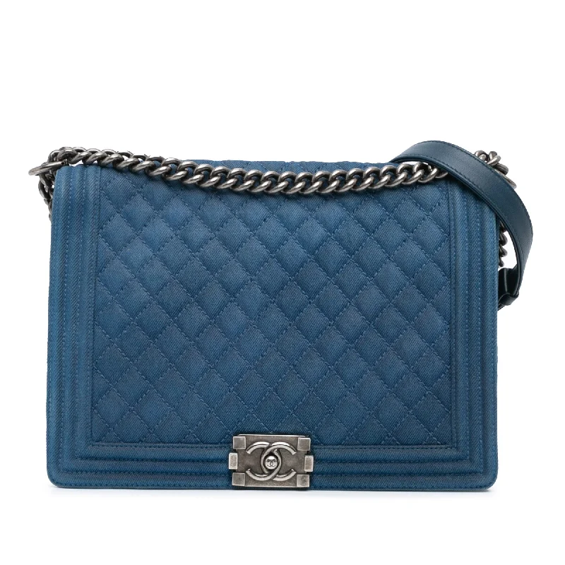 Blue Chanel Large Quilted Denim Boy Flap Crossbody Bag