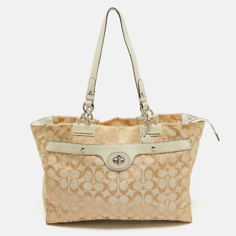 Beige/Off White Signature Canvas and Snakeskin Embossed Leather Penelope Tote