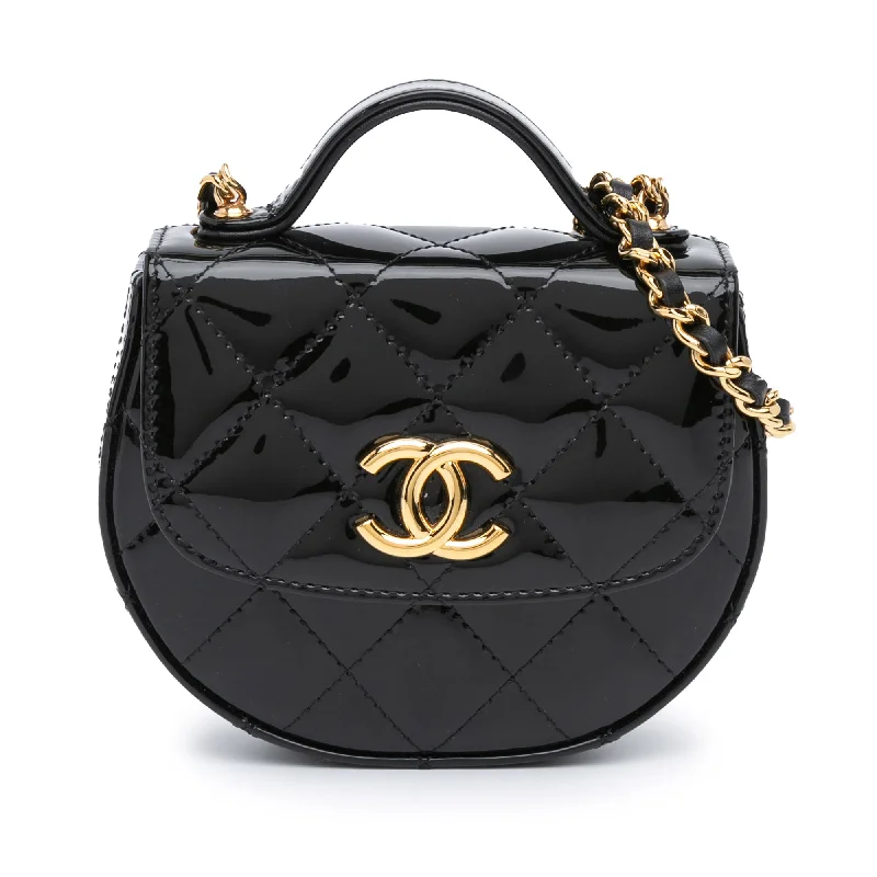 Black Chanel Mini CC Quilted Patent Leather Top Handle Clutch with Chain Satchel