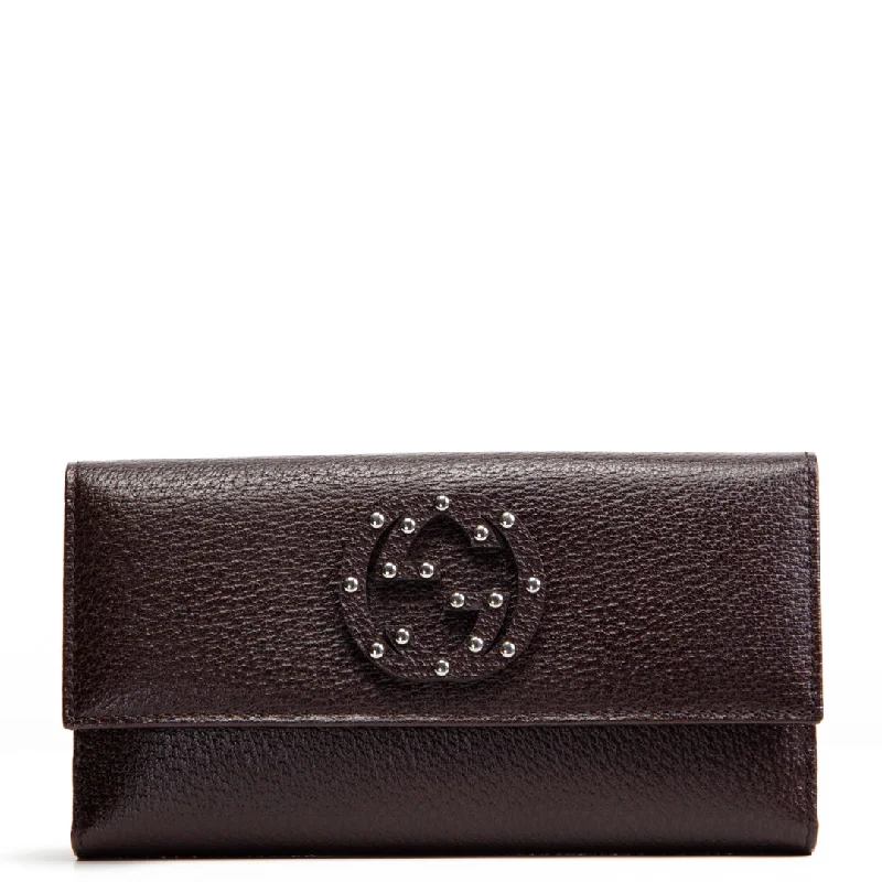 GUCCI Leather Studded Interlocking G Clutch/Wallet - Brown