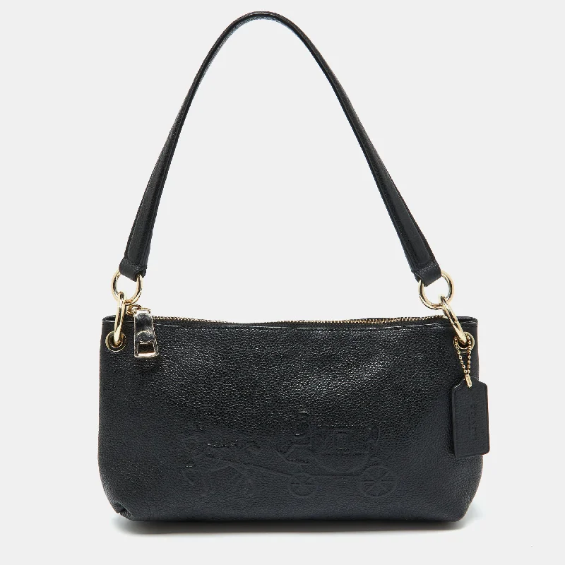 Black Leather Embossed Horse and Carriage Bag