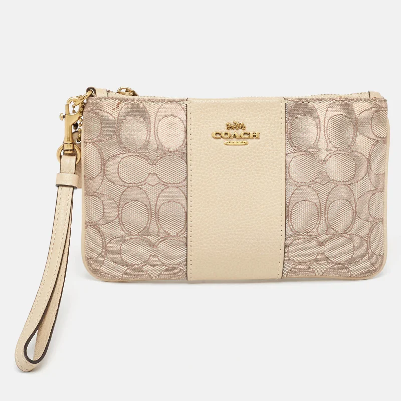 Beige Signature canvas and Leather Wristlet Zip Pouch