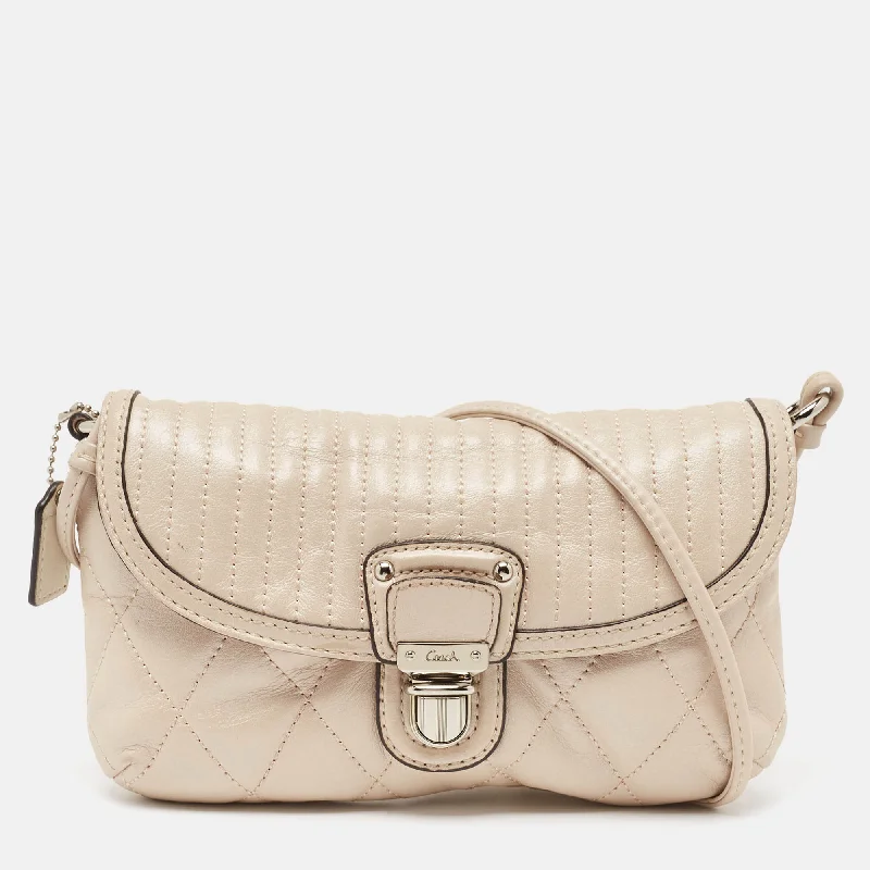 Beige Quilted Leather Push Lock Crossbody Bag