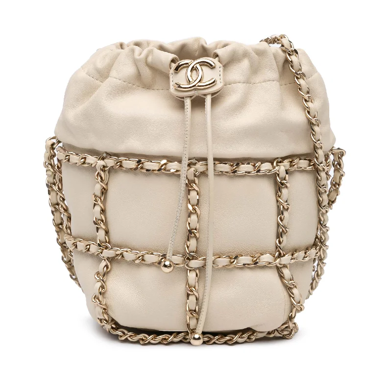 White Chanel Lambskin CC Chain Frame Drawstring Bucket Bag