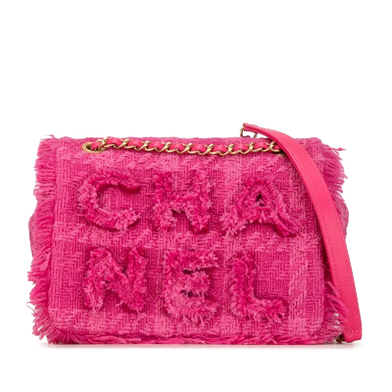 Pink Chanel Wool Tweed Giant Logo Flap Shoulder Bag