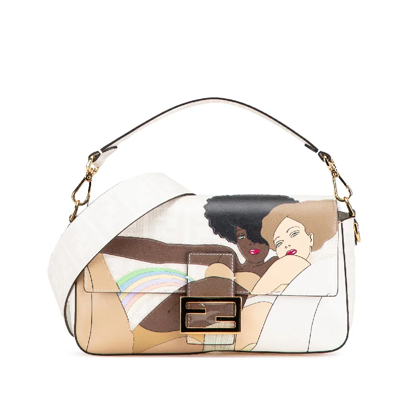 White Fendi Zucca Graphic Print Coated Canvas Bikini Girls Baguette Satchel