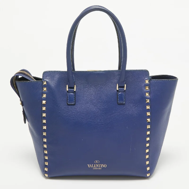 Blue Leather Rockstud Trapeze Tote