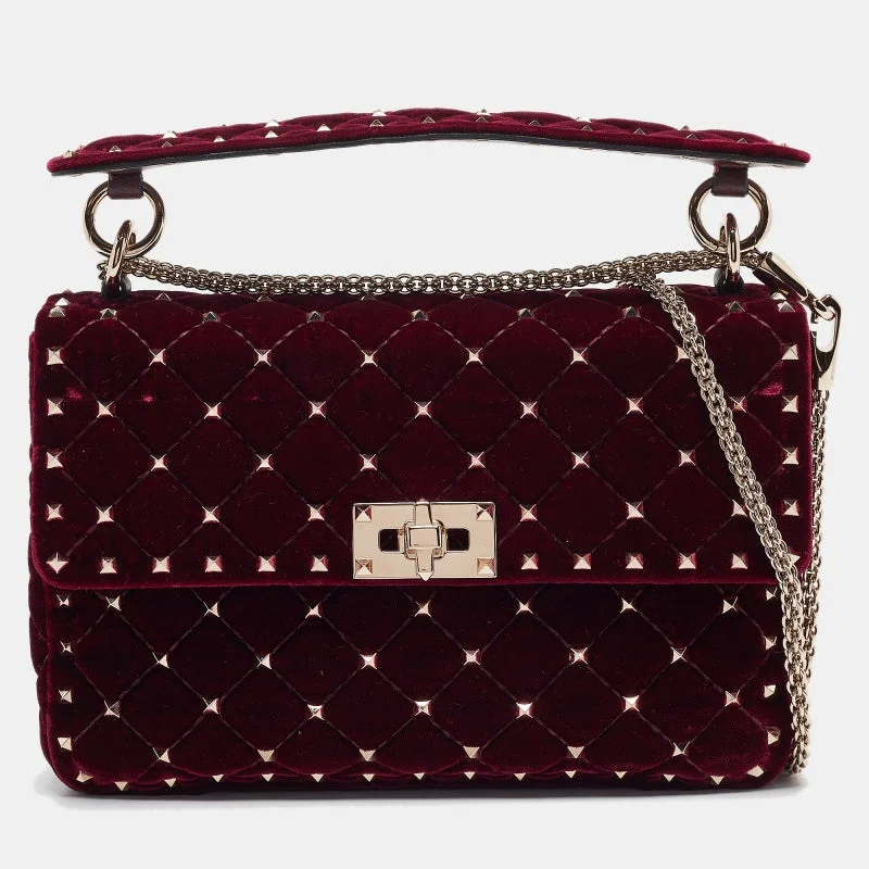 Burgundy Velvet Medium Rockstud Spike Top Handle Bag