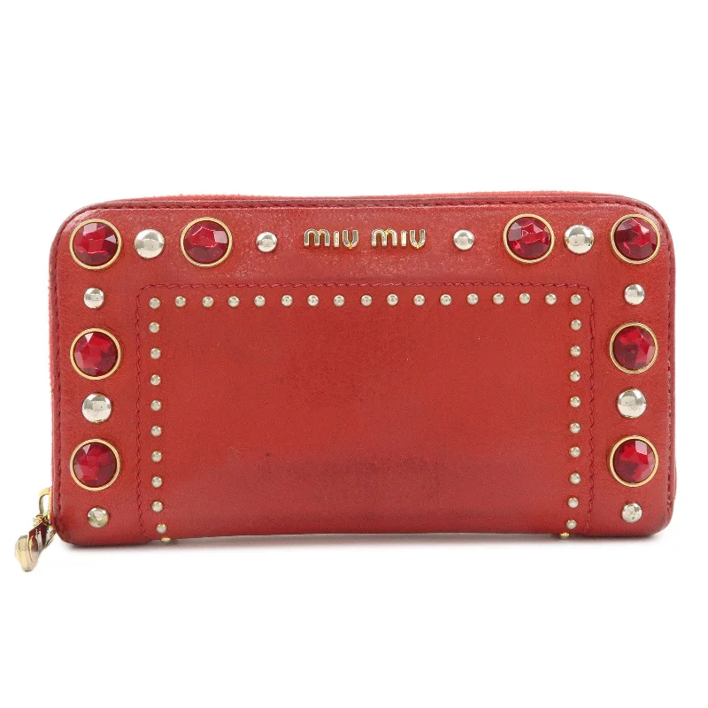 MIU MIU Leather Round Zipper Long Wallet Bijou Studs Red