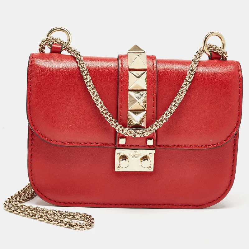 Red Leather Small Rockstud Glam Lock Flap Bag