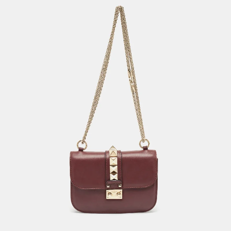 Burgundy Leather Small Rockstud Glam Lock Flap Bag