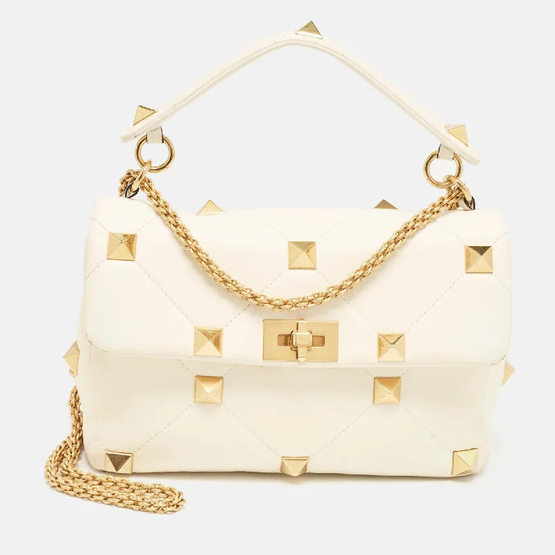 Off White Leather Large Roman Stud Top Handle Bag