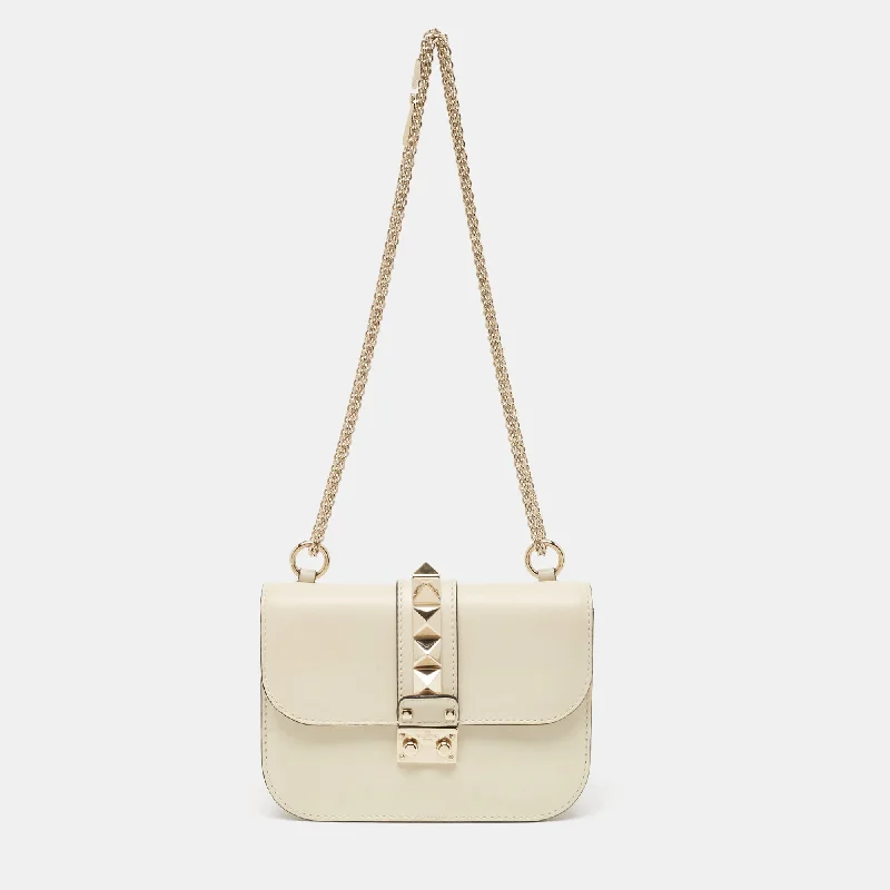 Off White Leather Small Rockstud Glam Lock Flap Bag