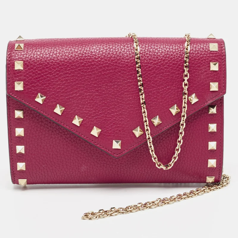 Pink Leather Rockstud Envelope Wallet on Chain