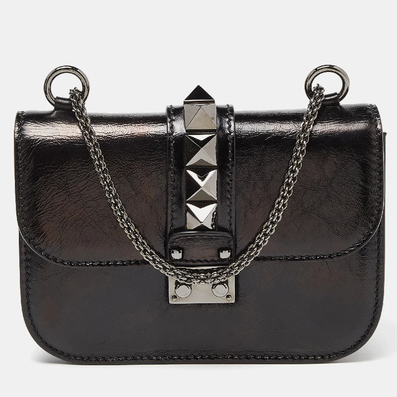 Black Leather Small Rockstud Glam Lock Flap Bag