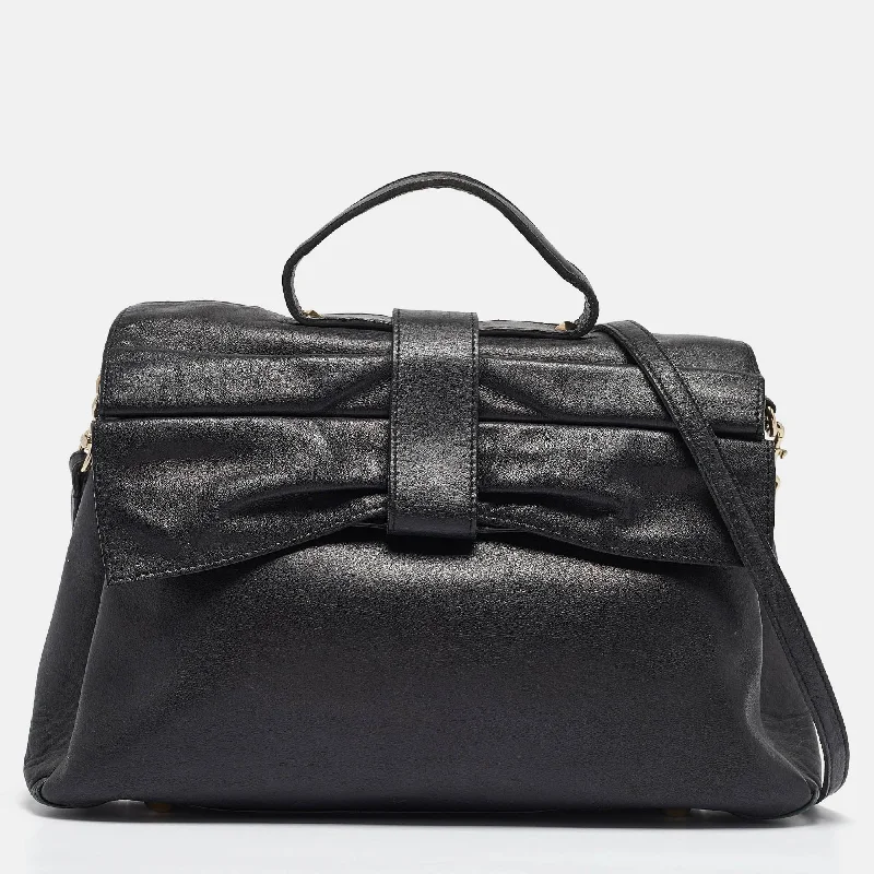 Black Leather Bow Top Handle Bag