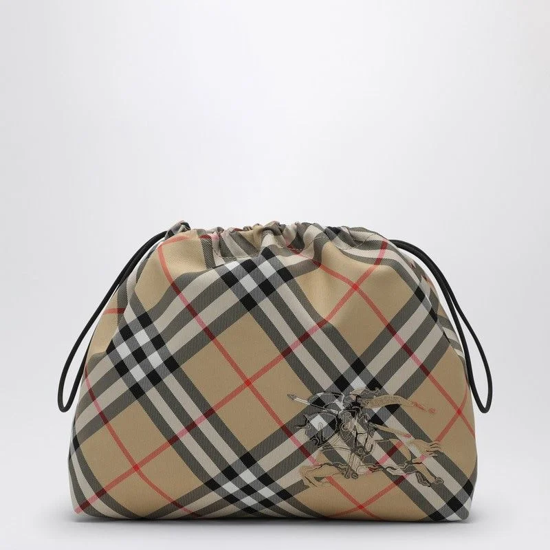 Men's Drawstring Pouch With Check Pattern in Beige | 8091592158564