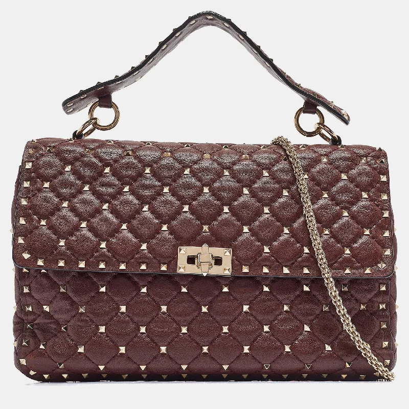 Burgundy Leather Large Rockstud Spike Top Handle Bag