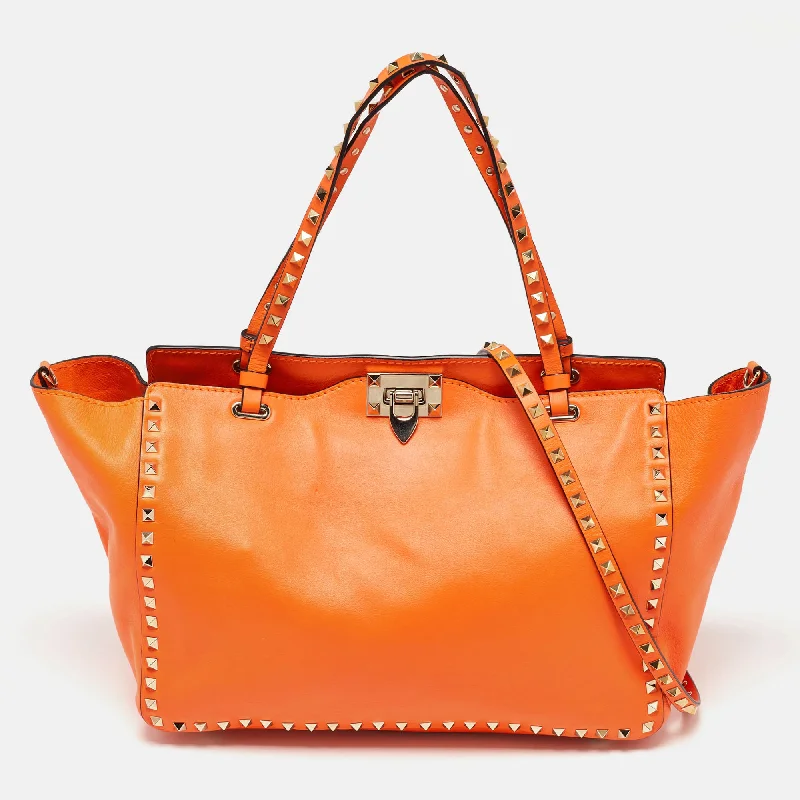 Neon Orange Leather Medium Rockstud Trapeze Tote