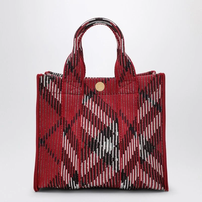 Women's Mini Knitted Tote Bag With Check Pattern in Red | 8093072158224