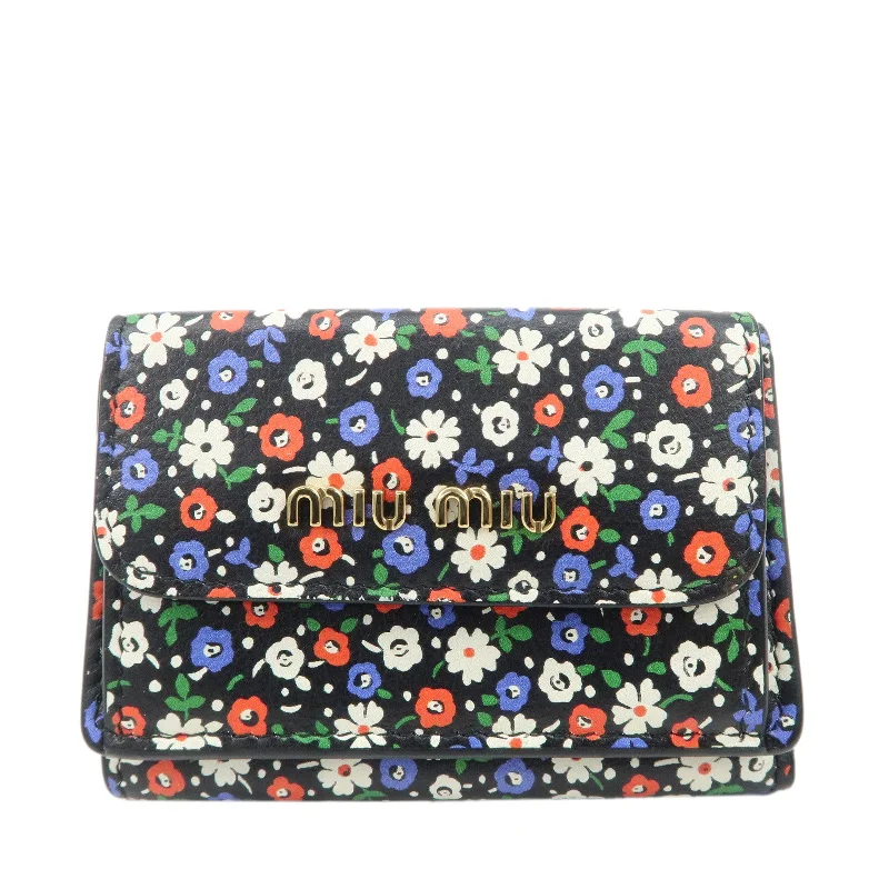 MIU MIU Leather Wallet Compact Flower Black Multicolor