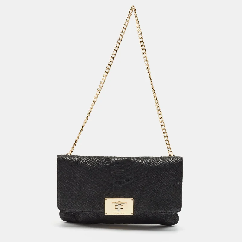 Black Python Embossed Leather Turnlock Chain Bag