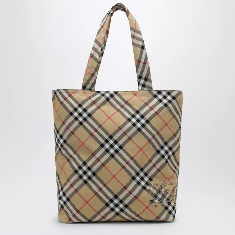 Men's Check Sand Small Tote Bag in Beige | 8097716158564