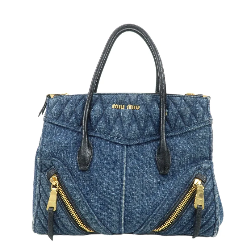 MIU MIU Denim Leather Biker 2Way Tote Bag Blue Black RN1031