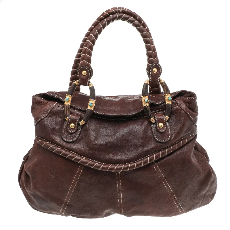 Brown Leather Braided Handle Shoulder Bag